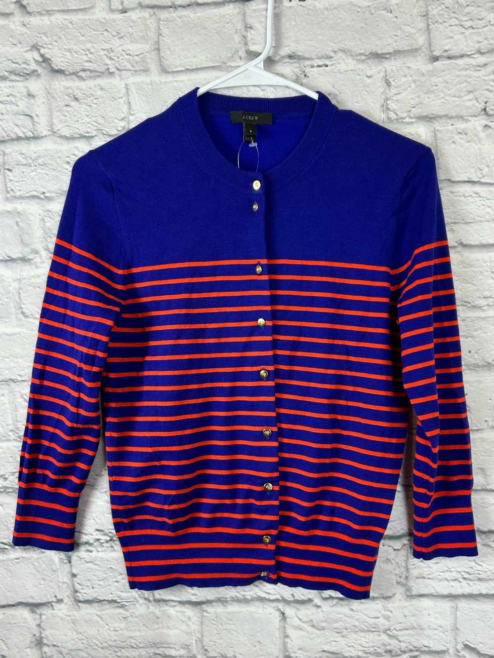 NWT J.Crew Women’s Small Blue Orange Stripe Cotton Cardigan Gold Buttons